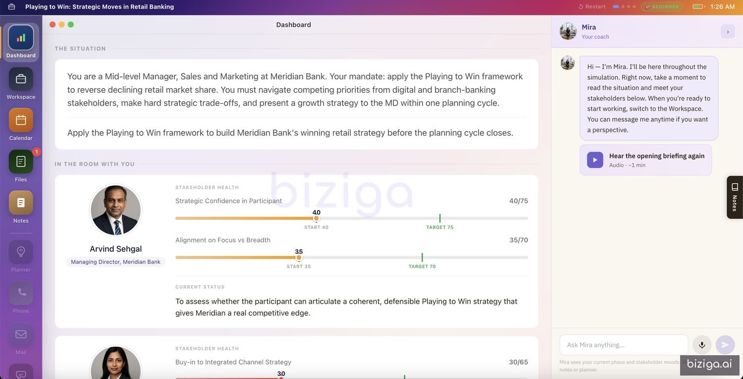 A learner's simulation dashboard: the situation, stakeholder health, and Mira the coach
